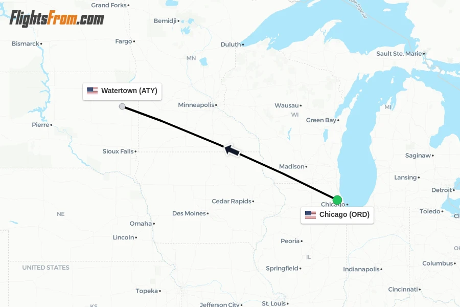 Flights from Chicago to Watertown route map