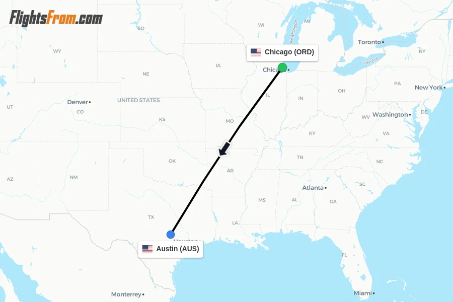 Flights from Chicago to Austin route map