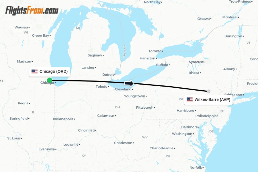 Flights from Chicago to Wilkes-Barre route map