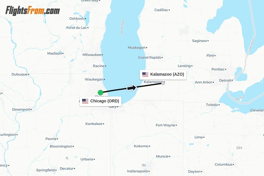 Flights from Chicago to Kalamazoo route map