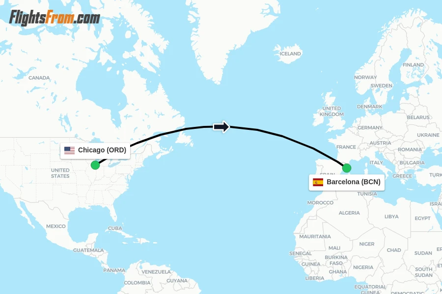 Flights from Chicago to Barcelona route map
