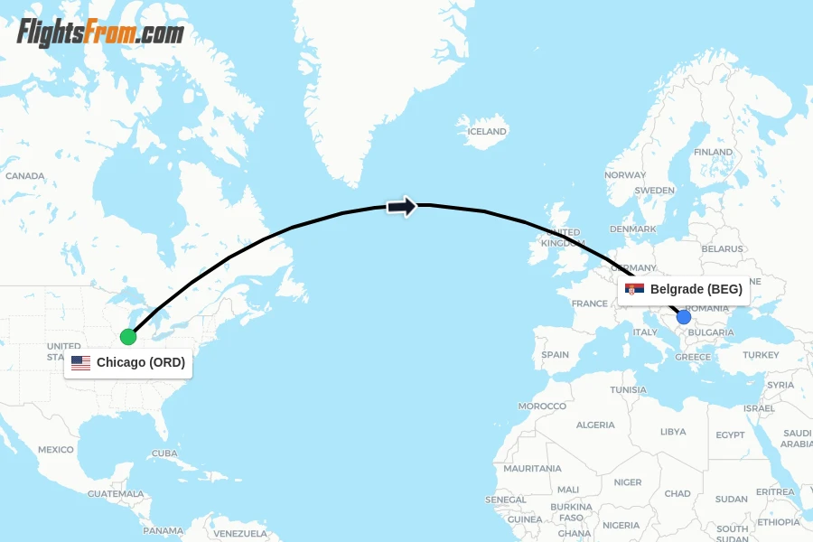 Flights from Chicago to Belgrade route map