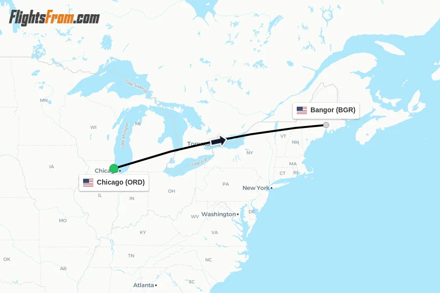 Flights from Chicago to Bangor route map