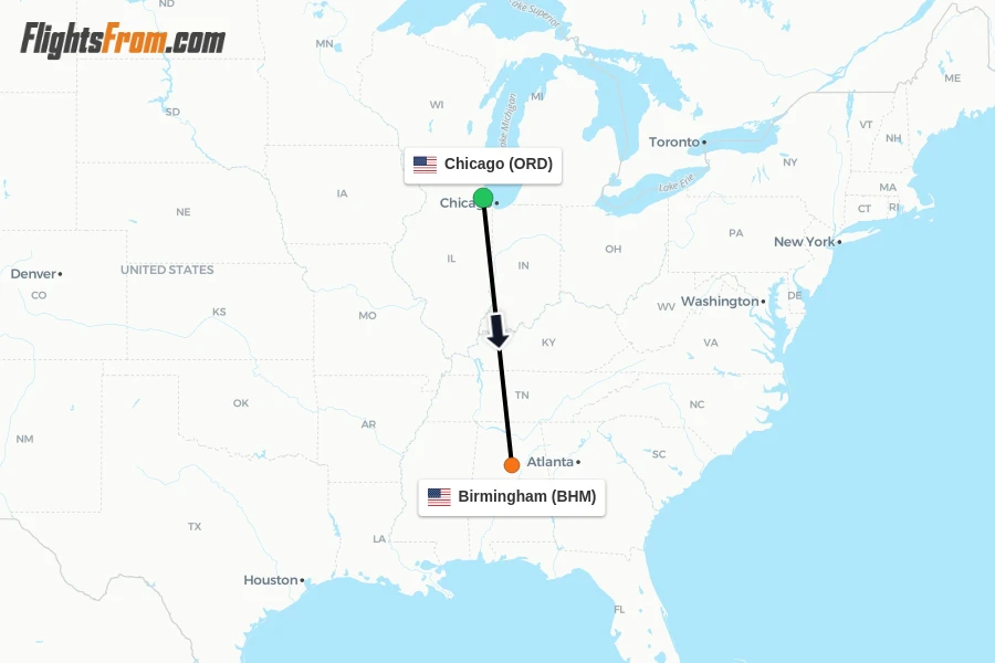 Flights from Chicago to Birmingham route map
