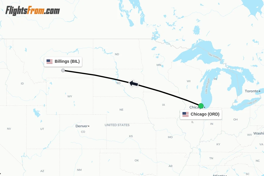 Flights from Chicago to Billings route map