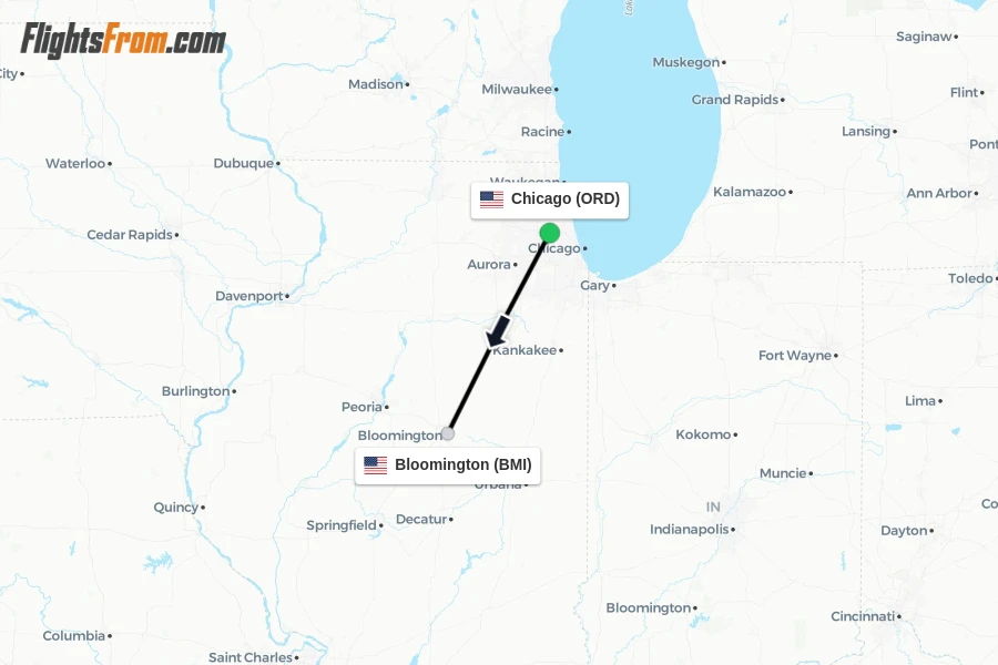 Flights from Chicago to Bloomington route map