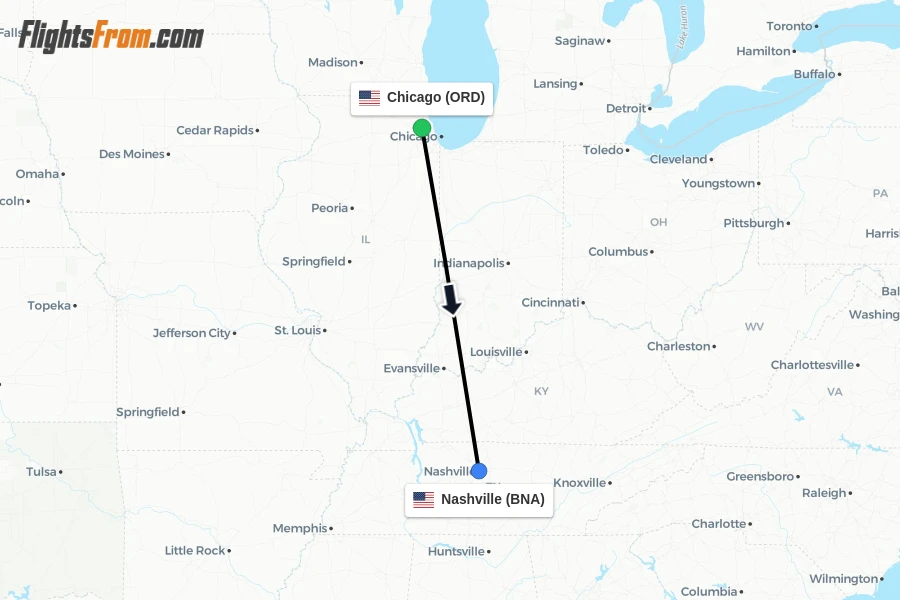 Flights from Chicago to Nashville route map