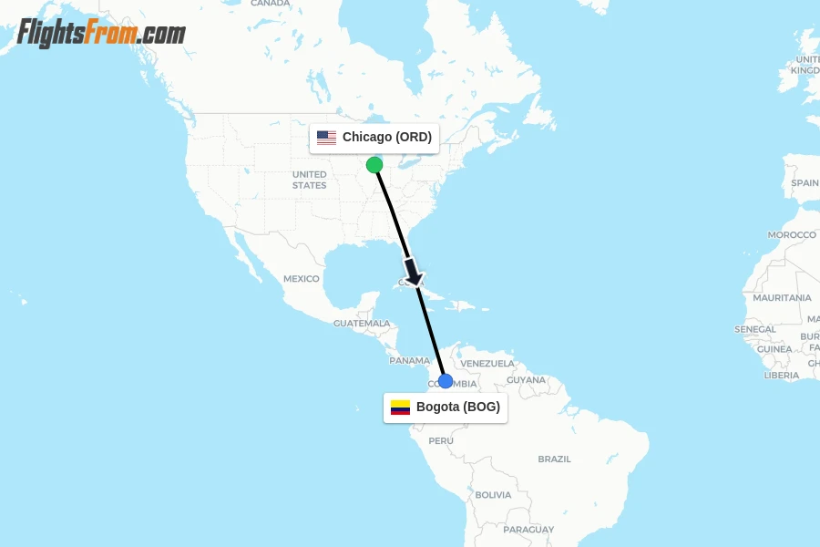 Flights from Chicago to Bogota route map