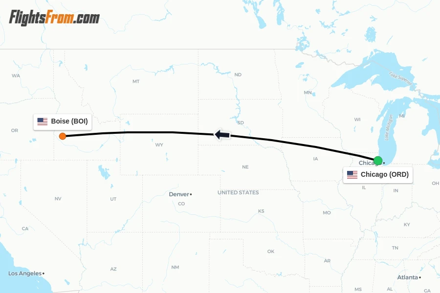 Flights from Chicago to Boise route map