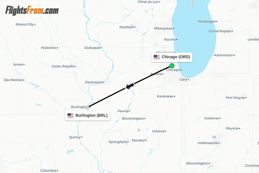 Flights from Chicago to Burlington route map