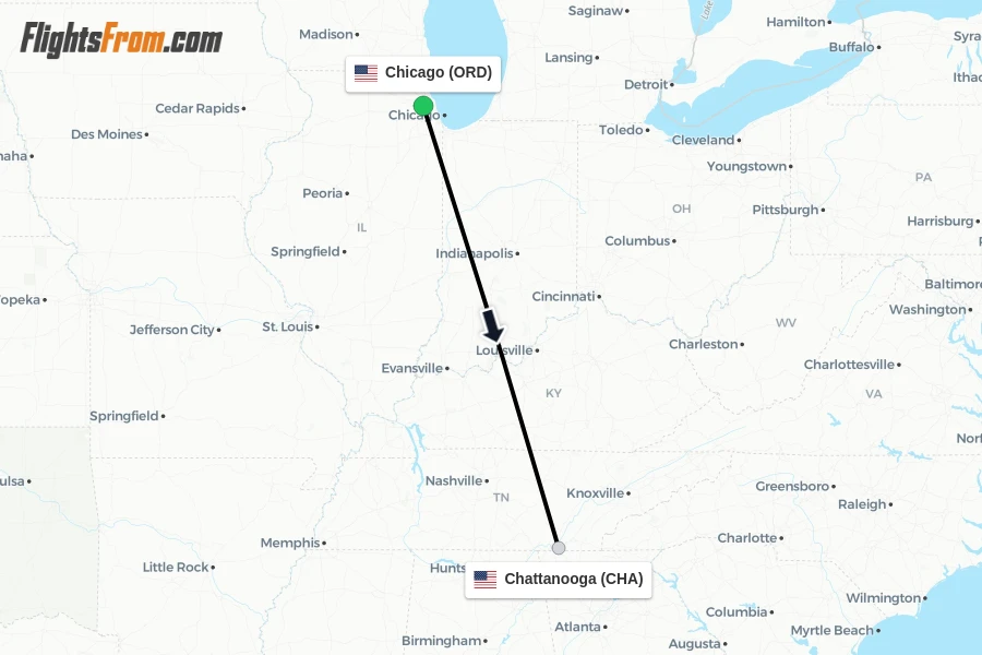 Flights from Chicago to Chattanooga route map