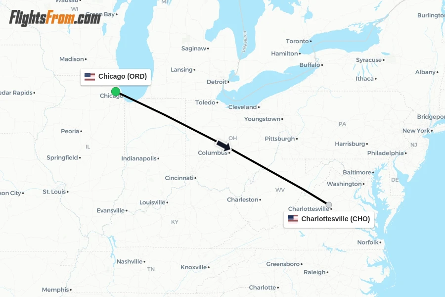 Flights from Chicago to Charlottesville route map