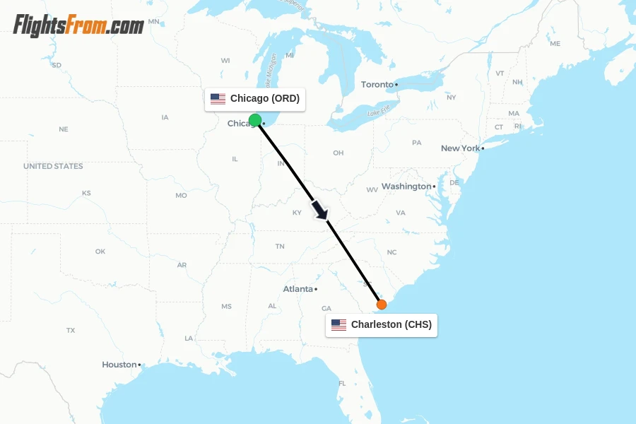 Flights from Chicago to Charleston route map