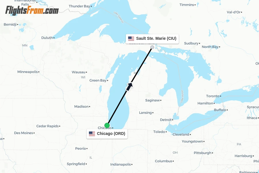 Flights from Chicago to Sault Ste. Marie route map