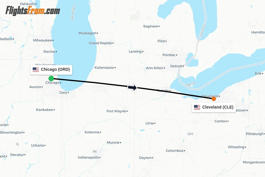 Flights from Chicago to Cleveland route map