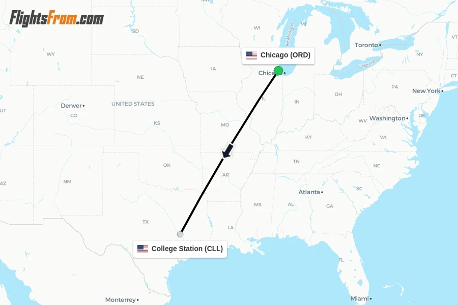 Flights from Chicago to College Station route map