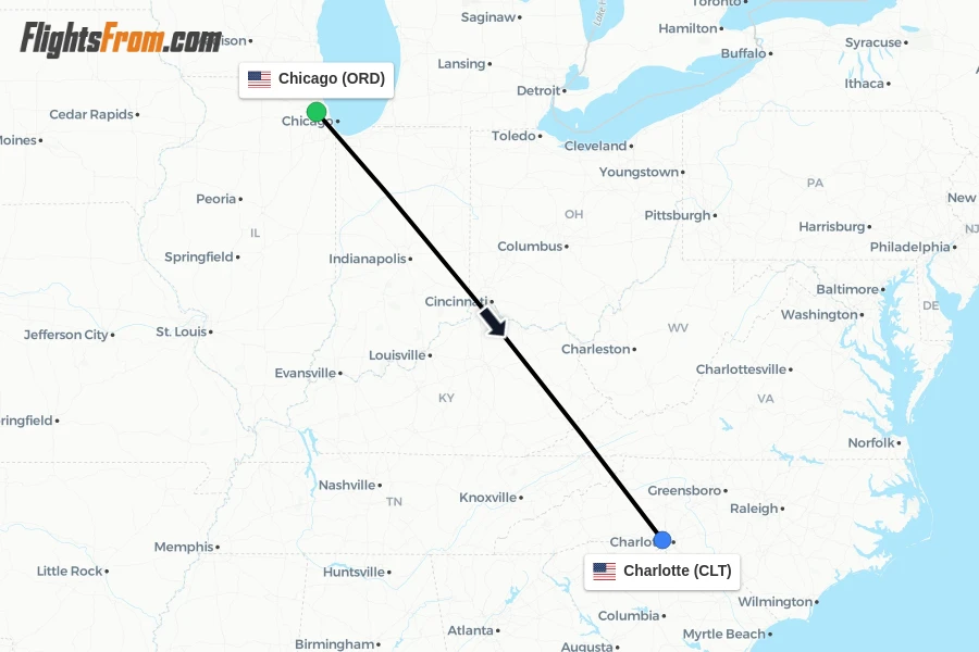 Flights from Chicago to Charlotte route map