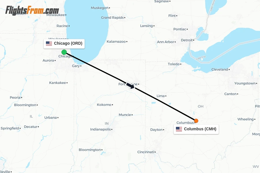 Flights from Chicago to Columbus route map