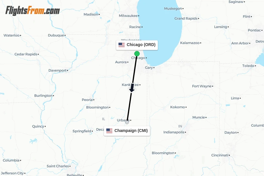Flights from Chicago to Champaign route map