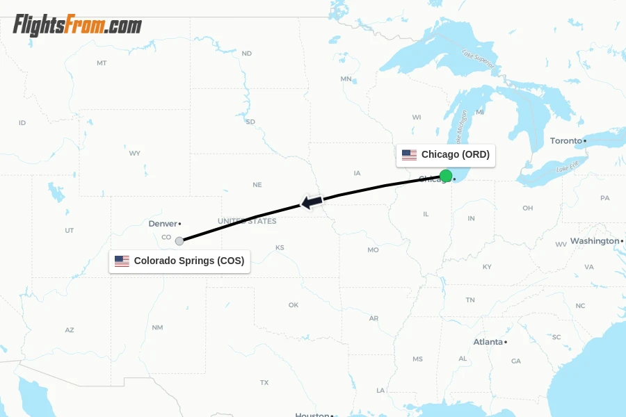 Flights from Chicago to Colorado Springs route map