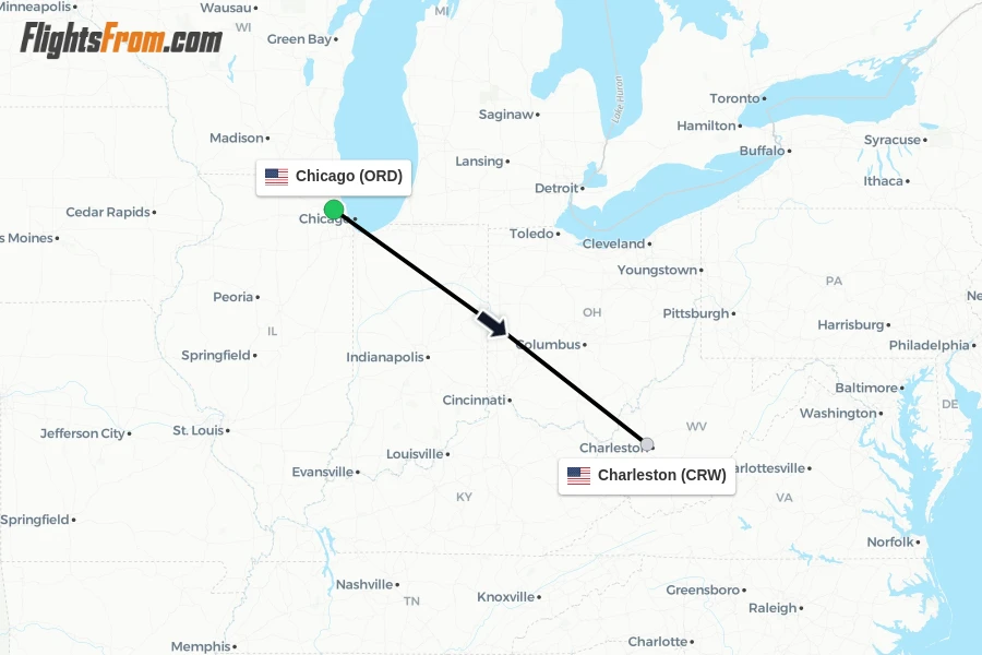 Flights from Chicago to Charleston route map