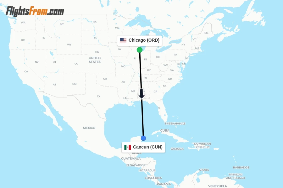 Flights from Chicago to Cancun route map
