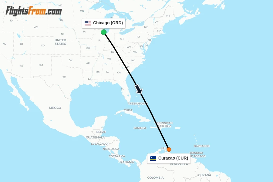 Flights from Chicago to Curacao route map
