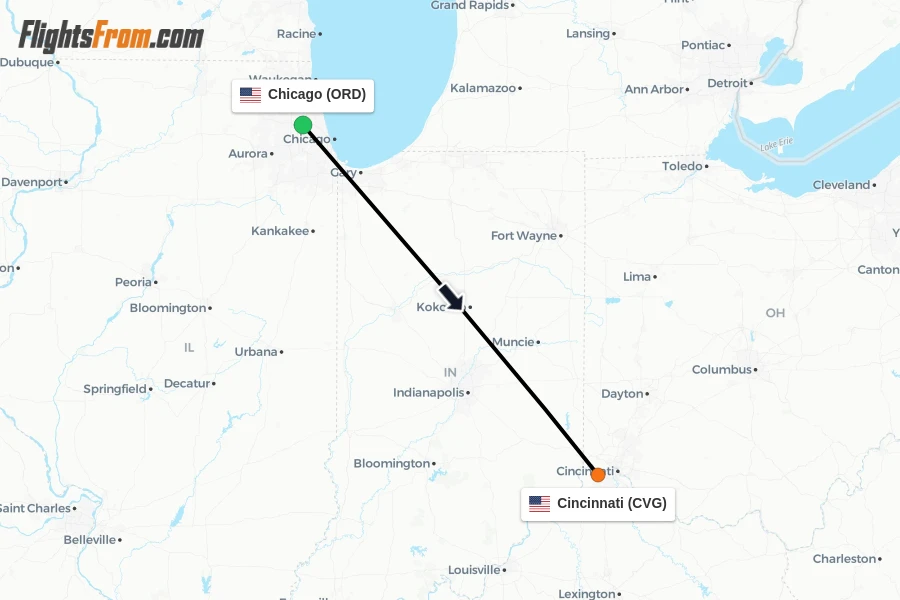 Flights from Chicago to Cincinnati route map
