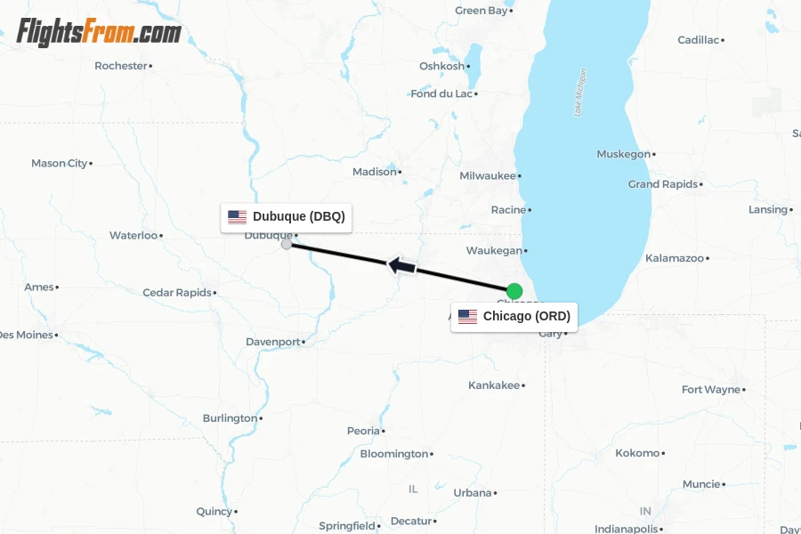 Flights from Chicago to Dubuque route map
