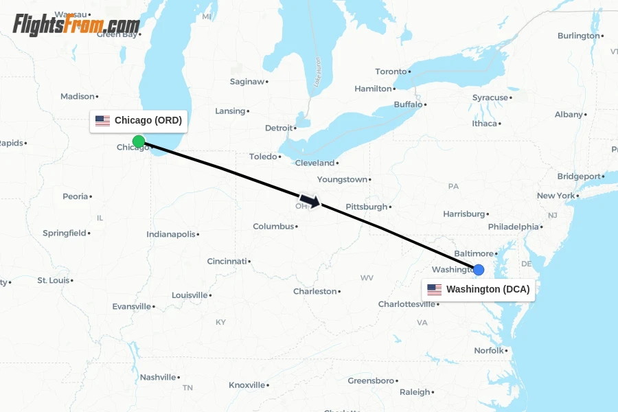 Flights from Chicago to Washington route map