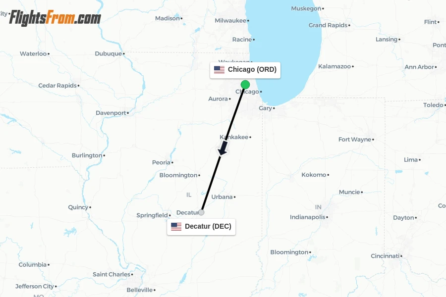 Flights from Chicago to Decatur route map