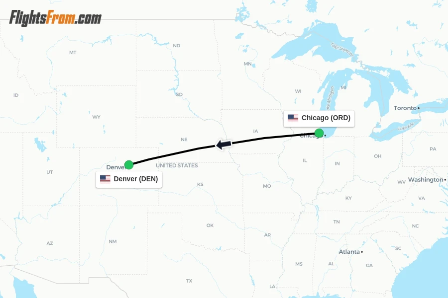 Flights from Chicago to Denver route map