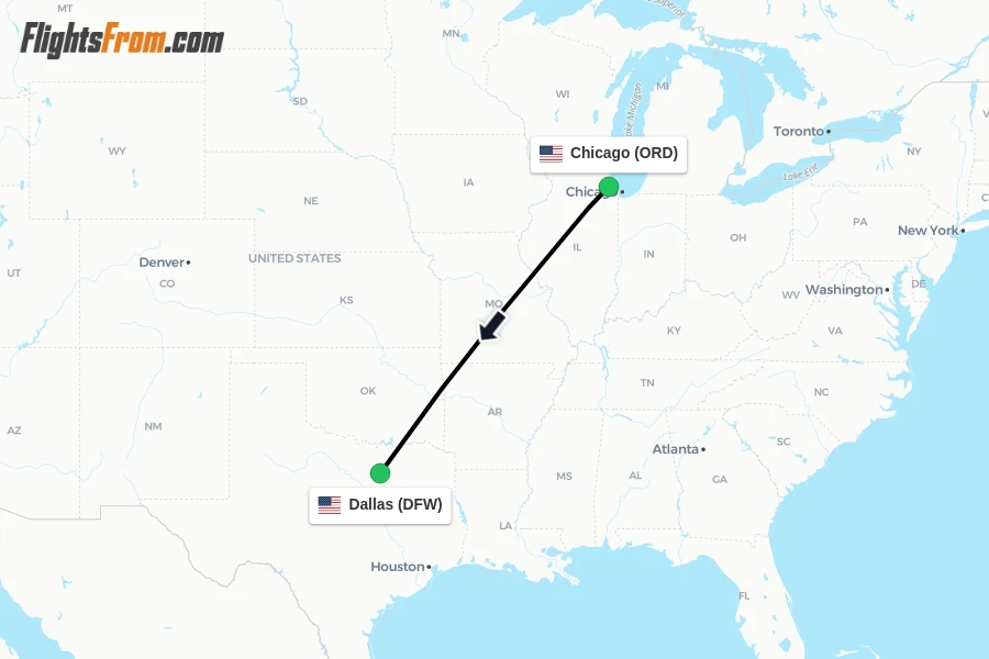 Flights from Chicago to Dallas route map