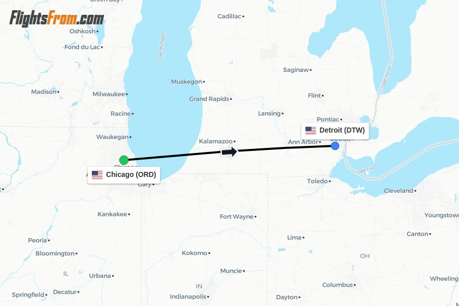 Flights from Chicago to Detroit route map