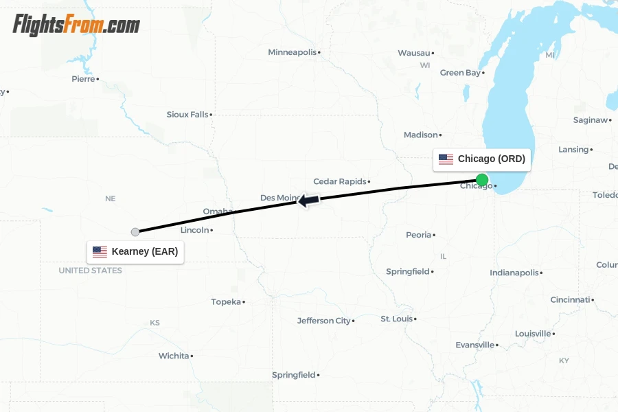 Flights from Chicago to Kearney route map