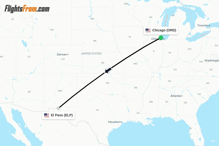 Flights from Chicago to El Paso route map