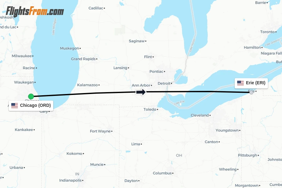 Flights from Chicago to Erie route map