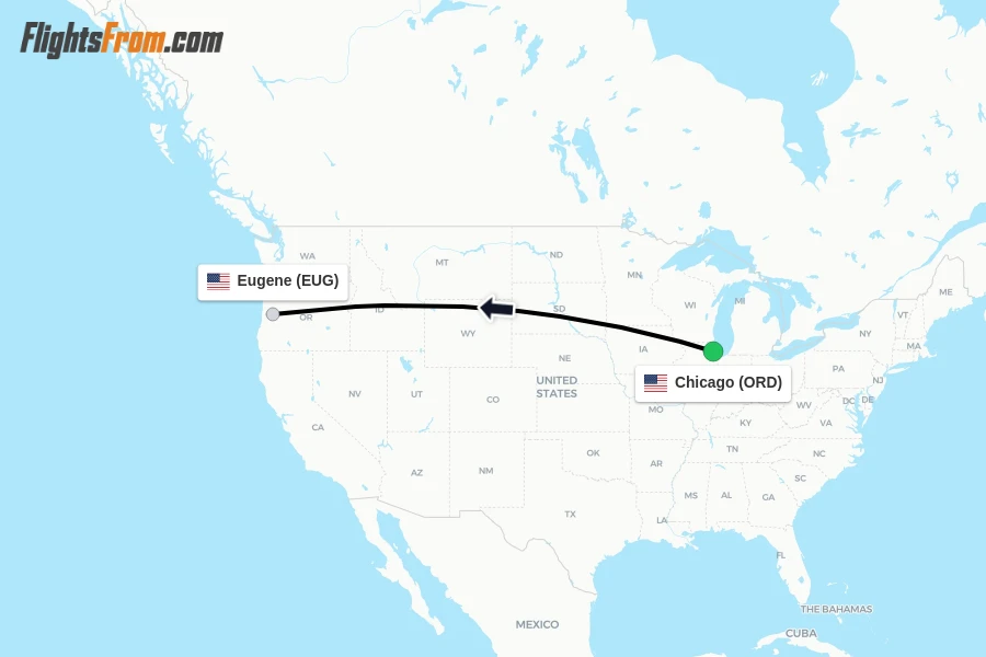 Flights from Chicago to Eugene route map