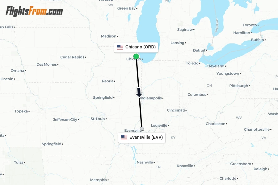 Flights from Chicago to Evansville route map