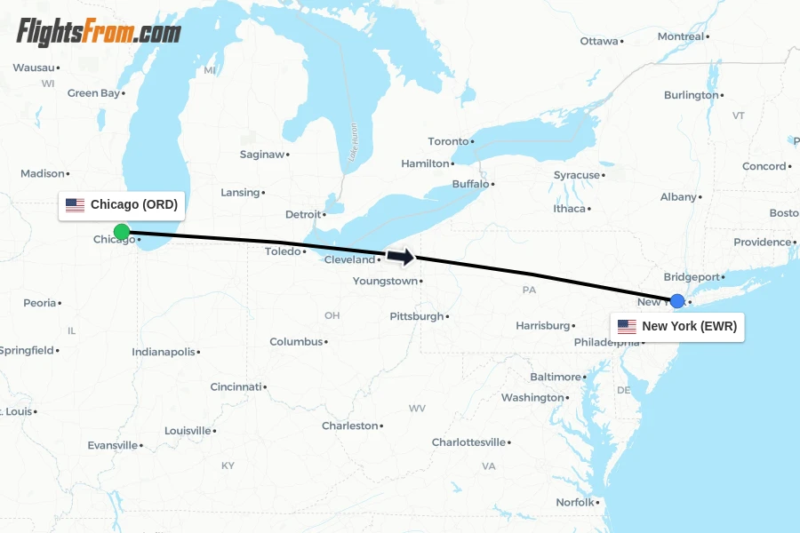 Flights from Chicago to New York route map