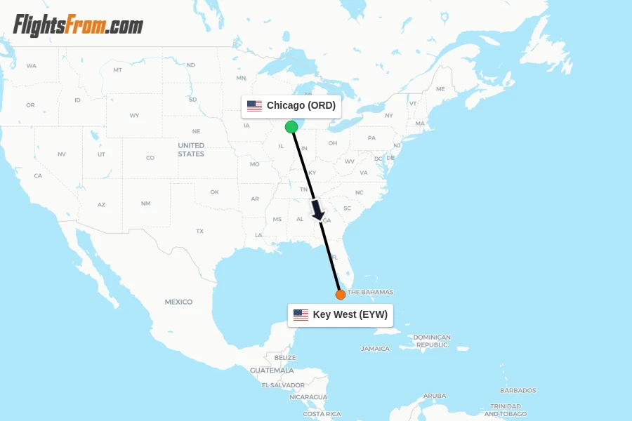 Flights from Chicago to Key West route map