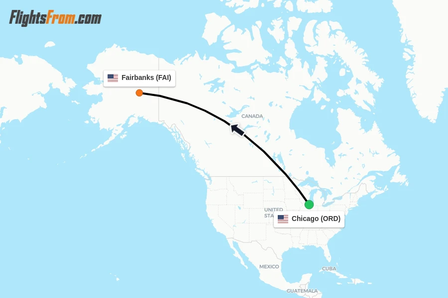 Flights from Chicago to Fairbanks route map