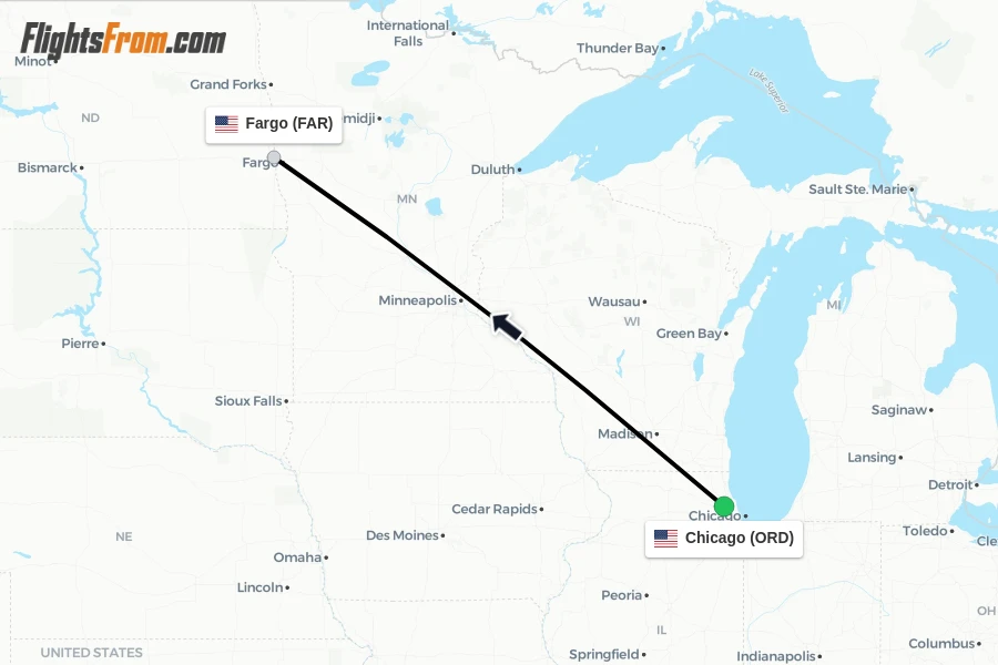 Flights from Chicago to Fargo route map