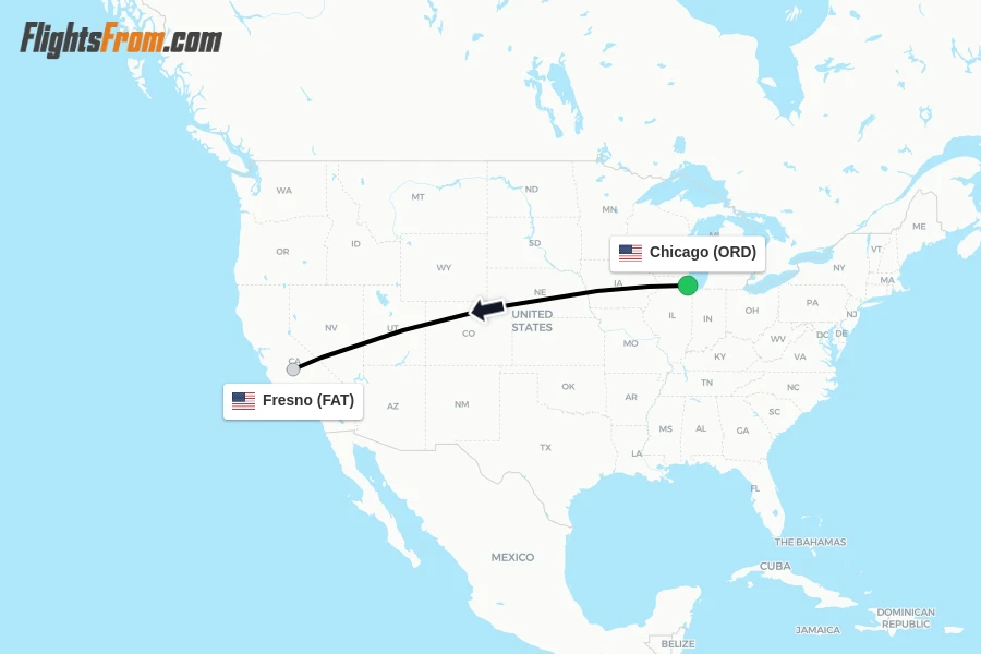 Flights from Chicago to Fresno route map