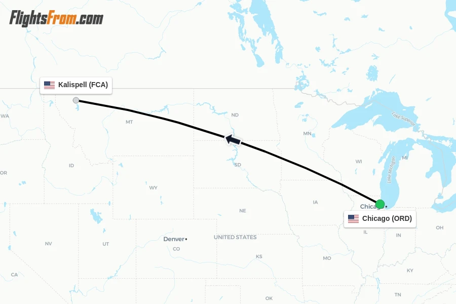 Flights from Chicago to Kalispell route map