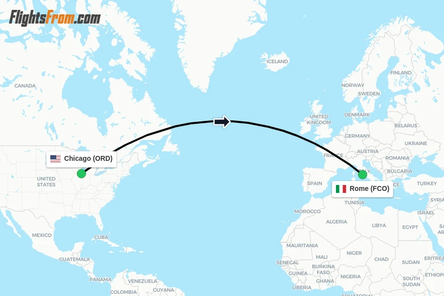 Flights from Chicago to Rome route map