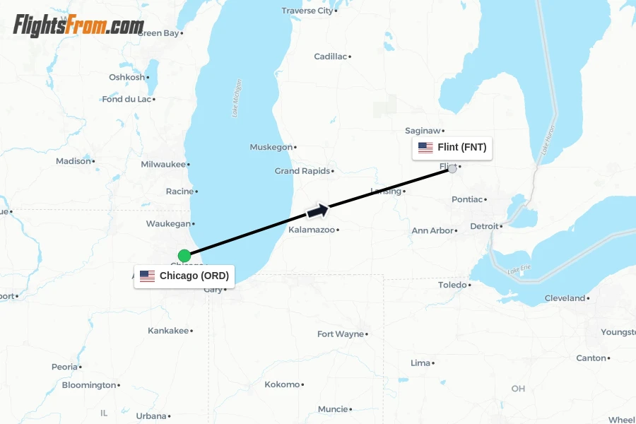 Flights from Chicago to Flint route map