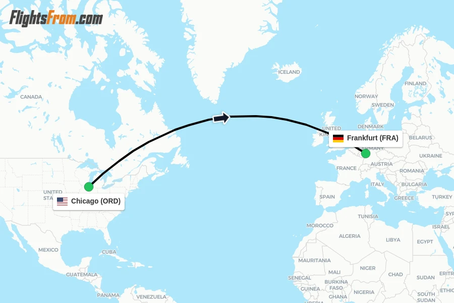 Flights from Chicago to Frankfurt route map