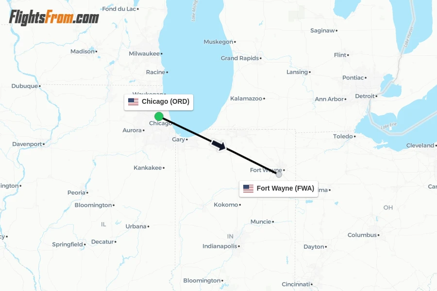 Flights from Chicago to Fort Wayne route map