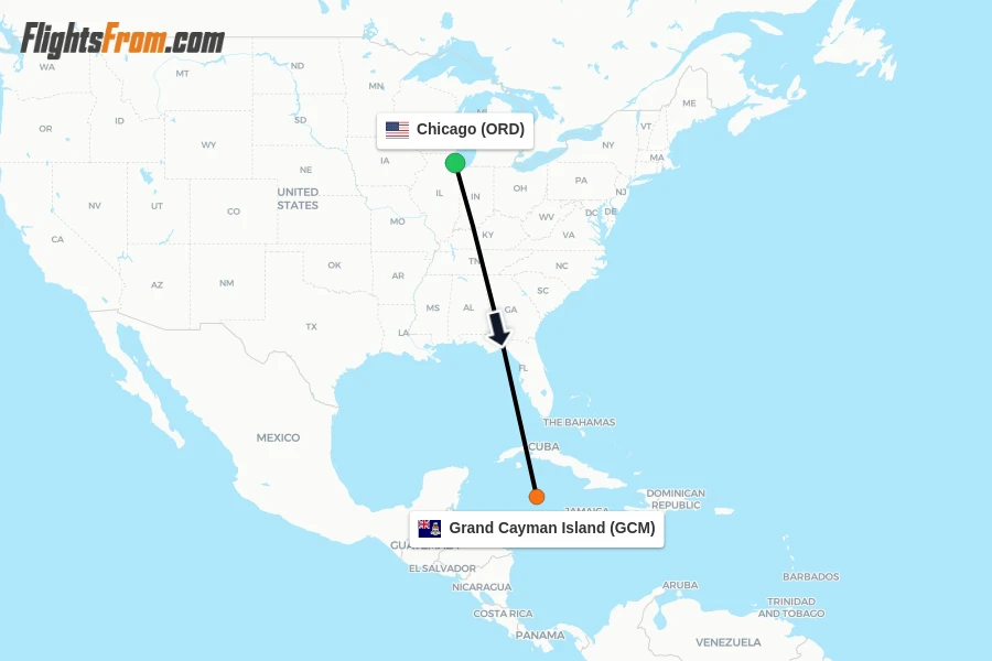 Flights from Chicago to Grand Cayman Island route map
